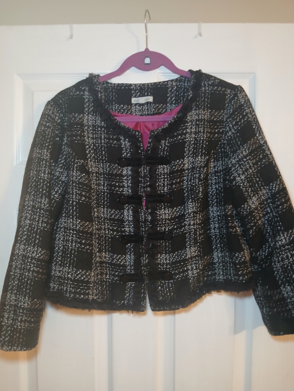 Charlotte Russe Black and White Tweed Cropped Blazer with Pink Lining